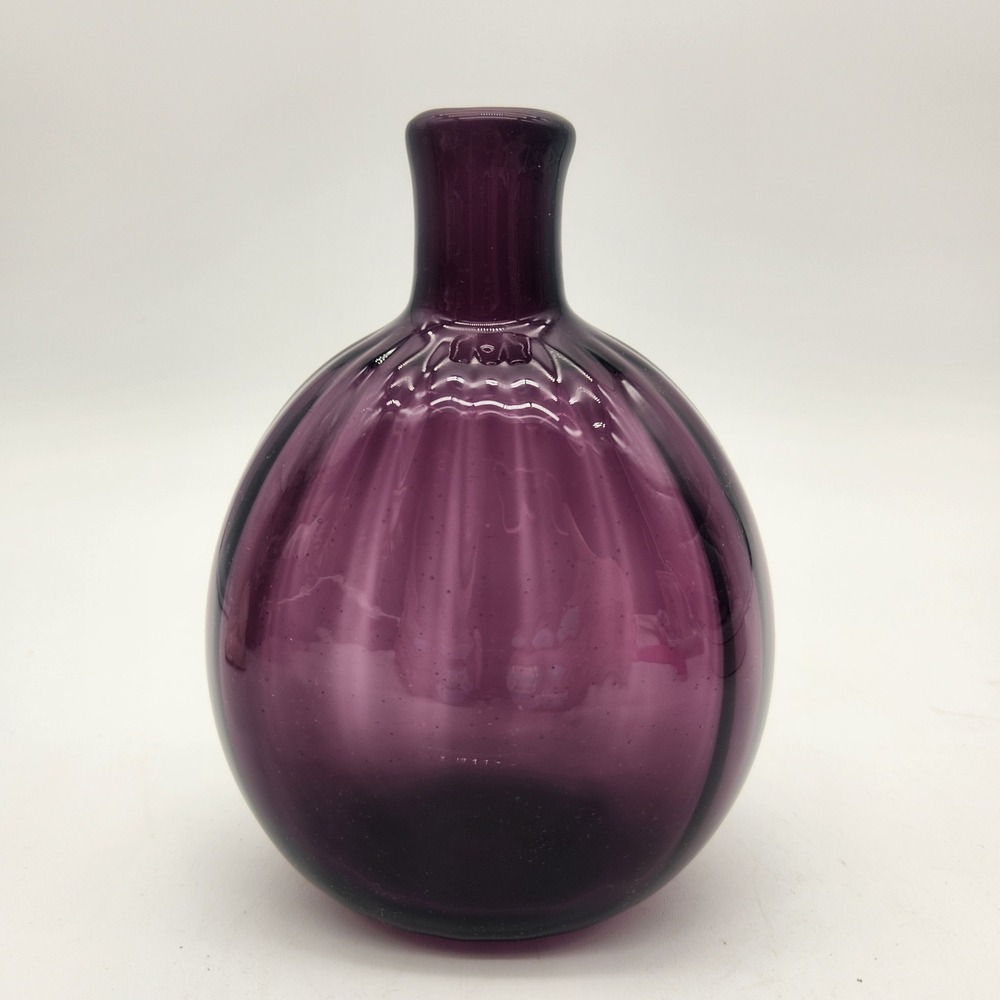 MMA Signed Purple Art Glass Bud Vase Hand Blown Ribbed Amethyst Round 4.5"
